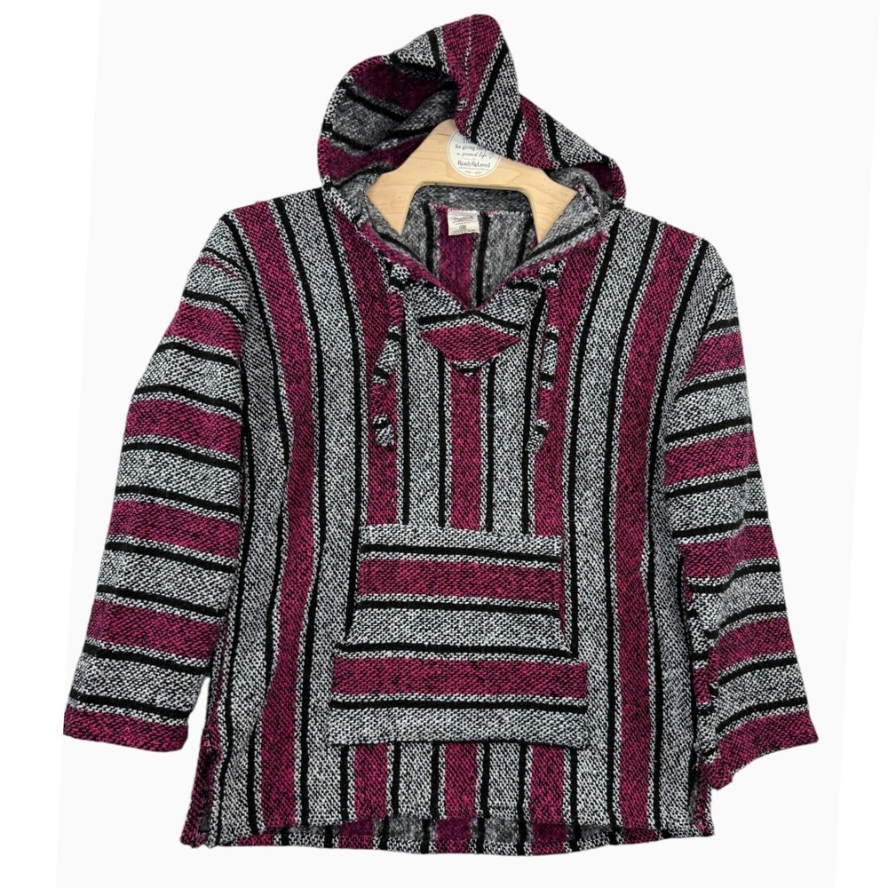 Frank's Textiles Baja Hoodie Men's Large Pink Gray Black Mexican Rug Pullover